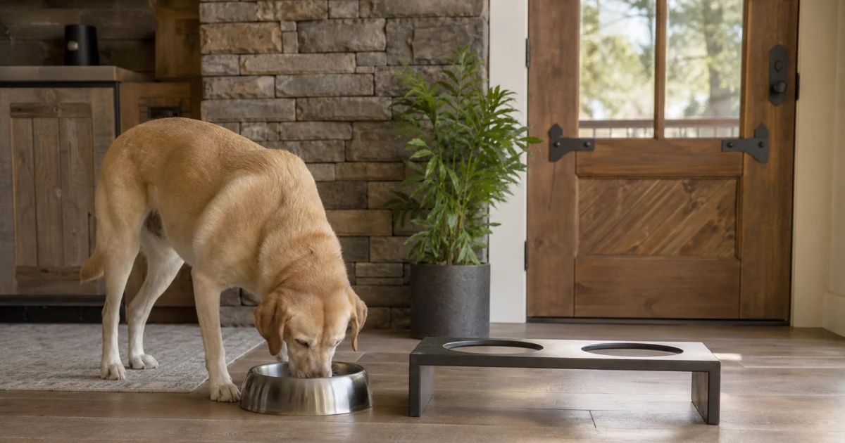 Dog calmly eating from a stable floor bowl beside a raised bowl stand in a bright modern home