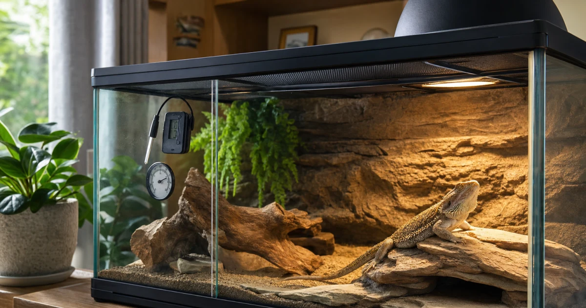Digital probe and analog dial thermometers monitoring warm and cool zones in a naturalistic reptile terrarium