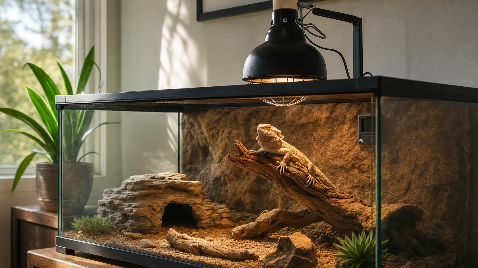Reptile enclosure showing an overhead basking lamp, a shaded retreat, and a measured warm-to-cool habitat gradient