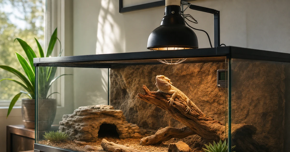 Reptile enclosure showing an overhead basking lamp, a shaded retreat, and a measured warm-to-cool habitat gradient