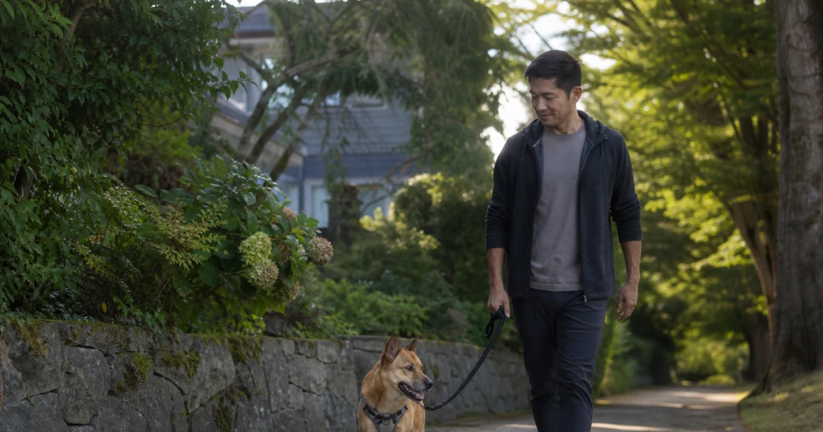 Dog walking calmly beside its owner on a standard leash along a quiet leafy neighborhood path