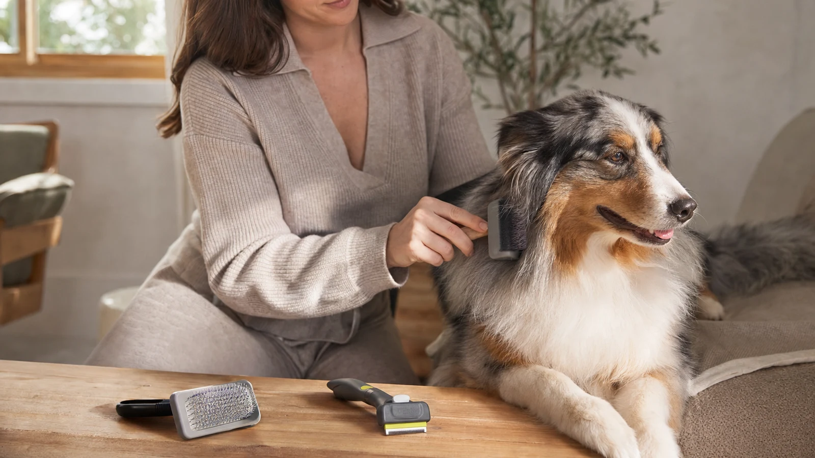 Dog receiving gentle coat grooming with a slicker brush beside a deshedding tool in a bright home setting