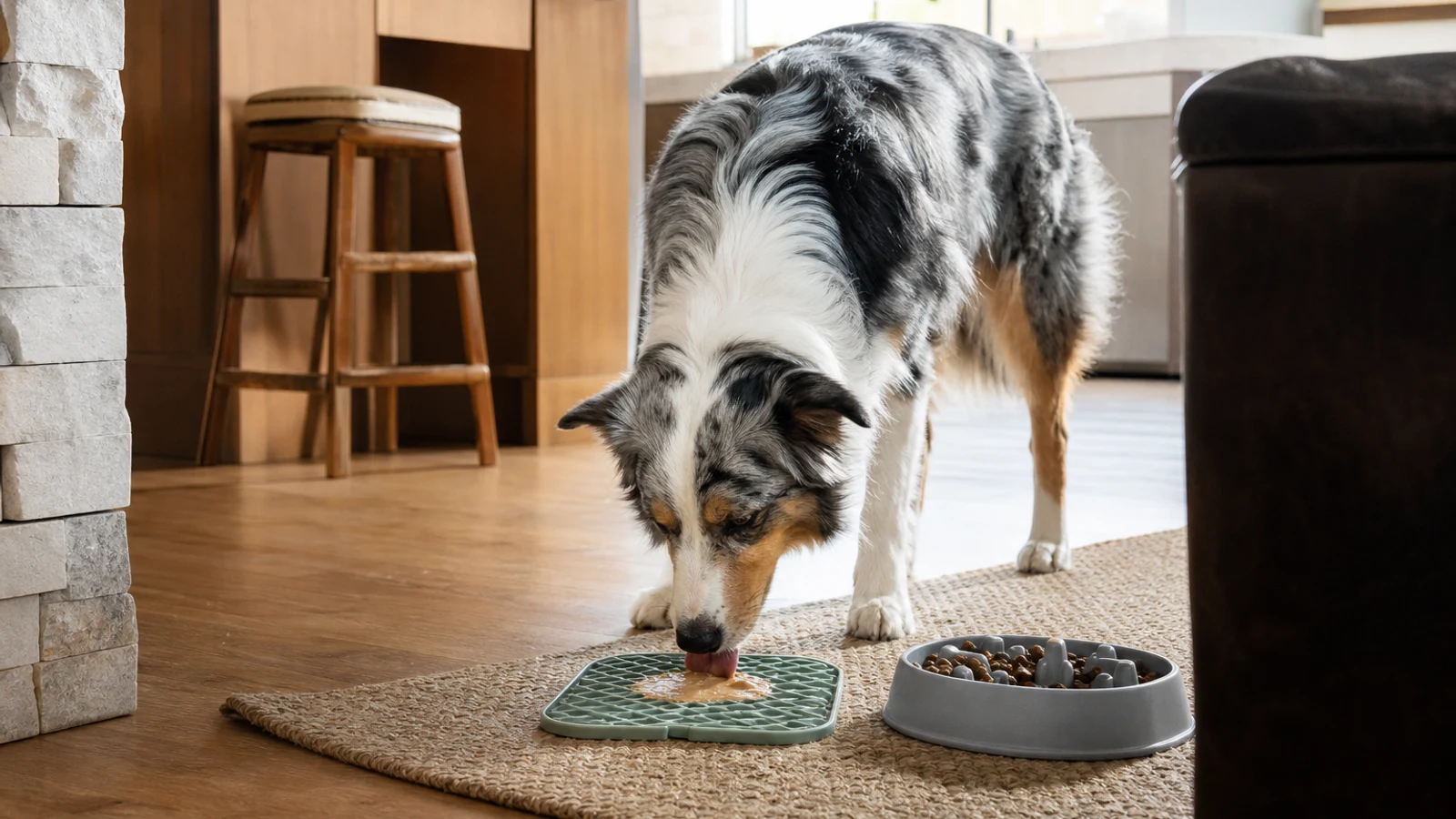 Dog calmly eating wet food from a lick mat beside a slow feeder bowl in a bright home kitchen