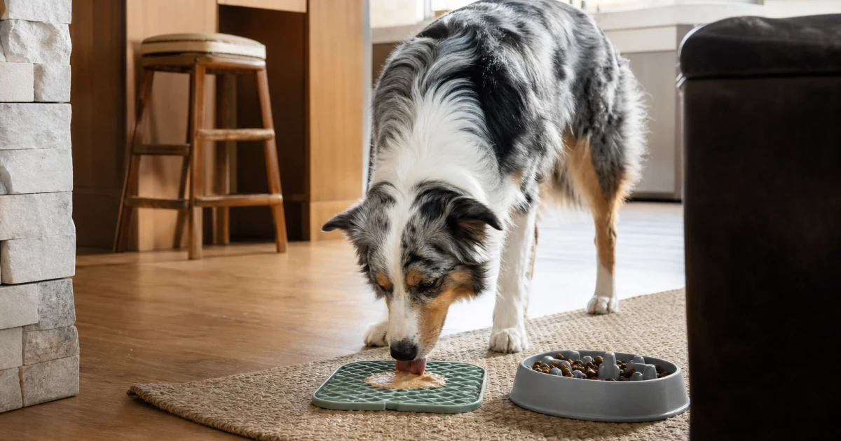 Dog calmly eating wet food from a lick mat beside a slow feeder bowl in a bright home kitchen
