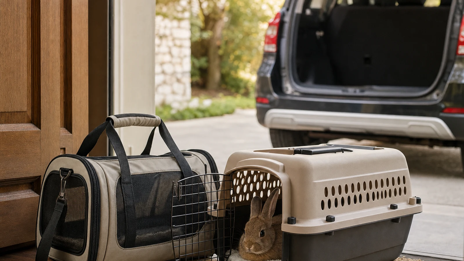 Small rabbit resting on a nonslip liner inside a ventilated travel carrier beside a car during a calm daytime journey
