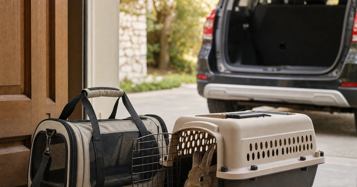 Small rabbit resting on a nonslip liner inside a ventilated travel carrier beside a car during a calm daytime journey