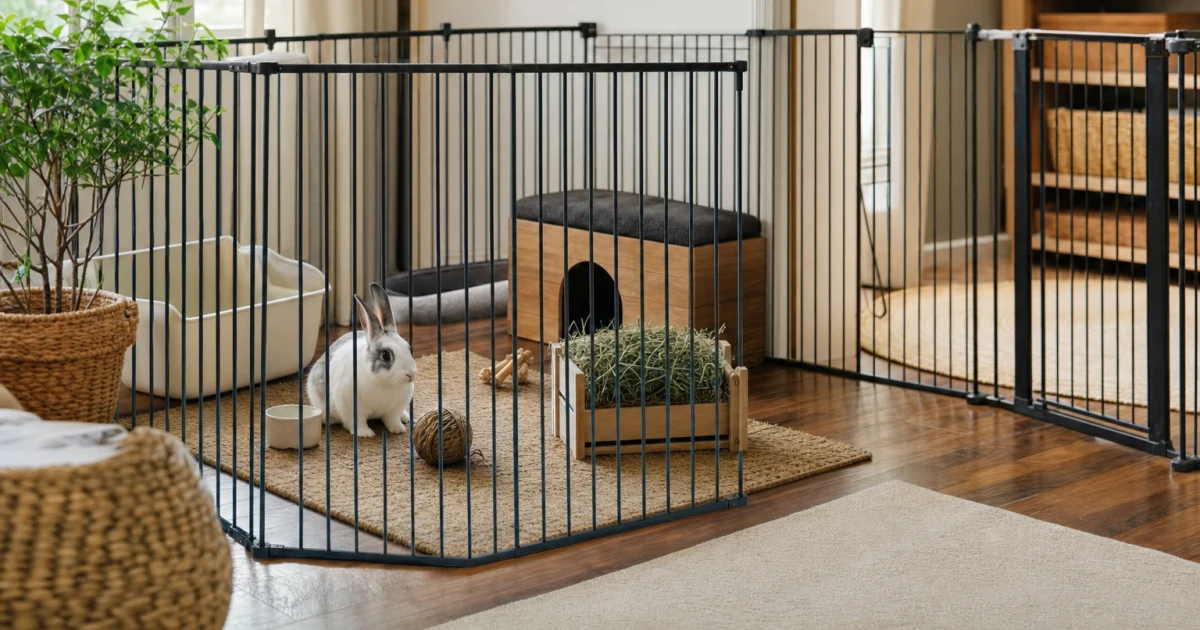 Rabbit and guinea pig exercise areas combining a secure playpen with a gated, pet-proofed room